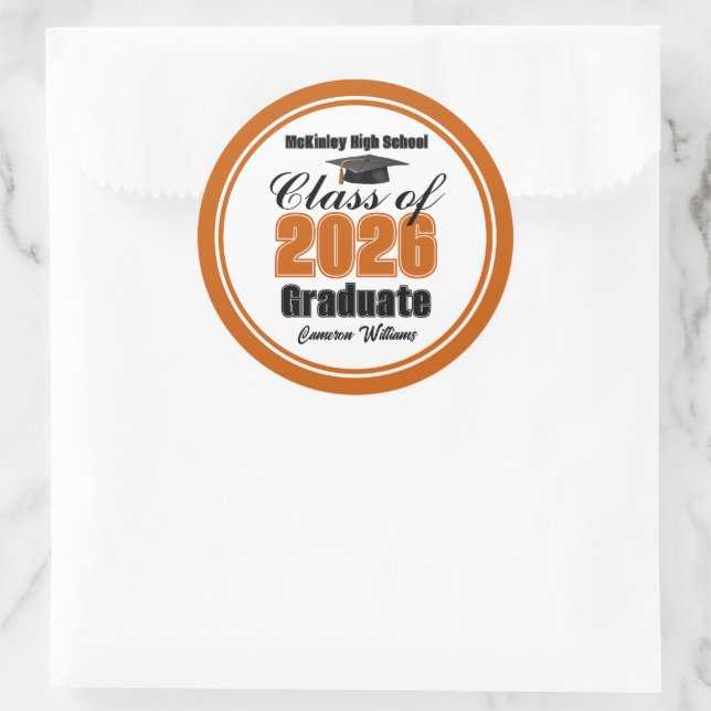 Sticker Rond Personalized Orange Class of 2026 Graduation Party (Sac)