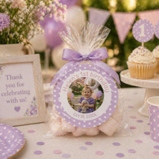 Sticker Rond Personalized Purple Polka Dot Photo 1st Birthday 