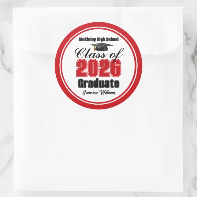 Sticker Rond Personalized Red Class of 2026 Graduation Party (Sac)
