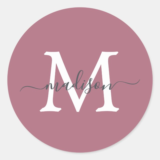 Sticker Rond Personalized Script Name Monogram Dusty Rose (Devant)