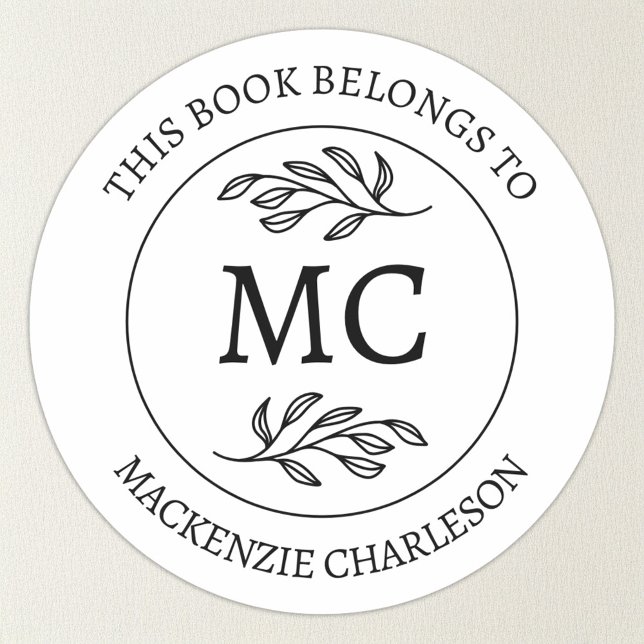 Sticker Rond Personalized This Book Belongs to Monogram (Botanical Leaf classical monogram initial personalized This Book Belongs To bookplate sticker)