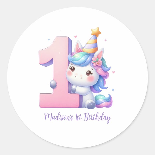 Sticker Rond Personalized Unicorn 1st First Girls Birthday  (Devant)