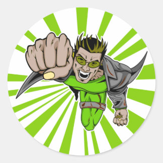 Sticker Rond Personnage de bande dessinée de super héros volant