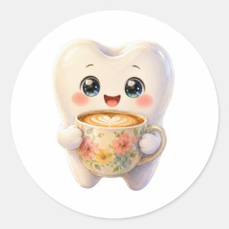 Sticker Rond Personnage Kawaii Amateur de Café Dentaire Mignon