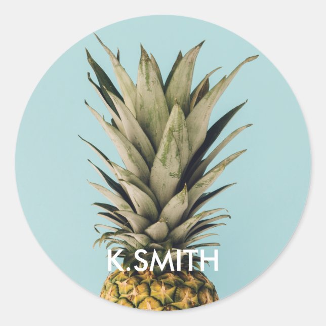 Sticker Rond Personnalisable . Monogramme. Tropical. Ananas. (Devant)