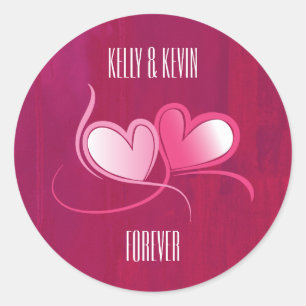 Sticker Rond Personnalisé 2 Coeurs Dansant sur Fuschia Rose