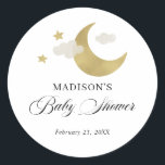Sticker Rond Personnalisé | Baby shower Lune Étoiles Nuages<br><div class="desc">Baby shower design avec nuages dessinés à la main,  étoiles et lune avec élégant script de calligraphie. N'oubliez pas de consulter la collection pour voir plus d'articles pour votre fête!</div>