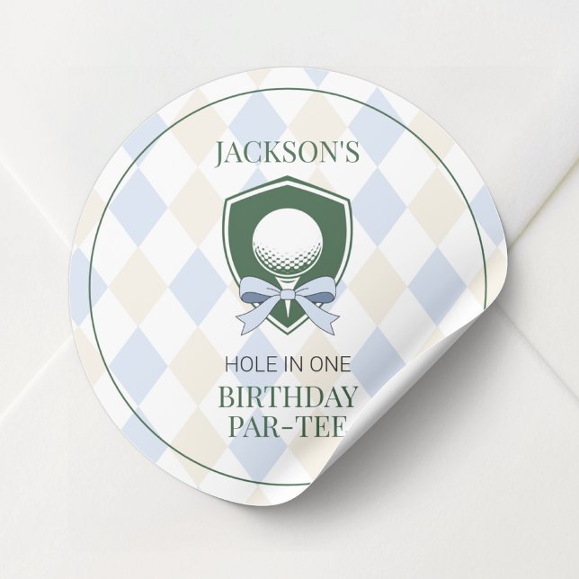 Sticker Rond Personnalisé Blue Golf Boys First Birthday Partee (Personalized Blue Golf Boys First Birthday Partee Classic Round Sticker)