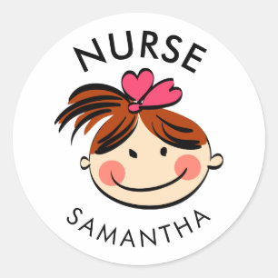 Sticker Rond Personnalisé Cute Brunette Caricature Nom de l'in