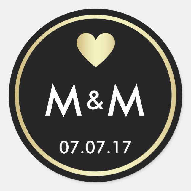 Sticker Rond Personnalisé Elegant Black Gold & Heart Mariage (Devant)