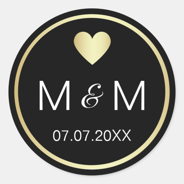 Sticker Rond Personnalisé Elegant Black Gold & Heart Mariage (Devant)