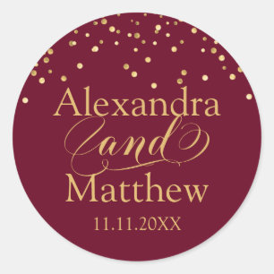 Sticker Rond Personnalisé Elégant Burgundy Gold Mariage Classic