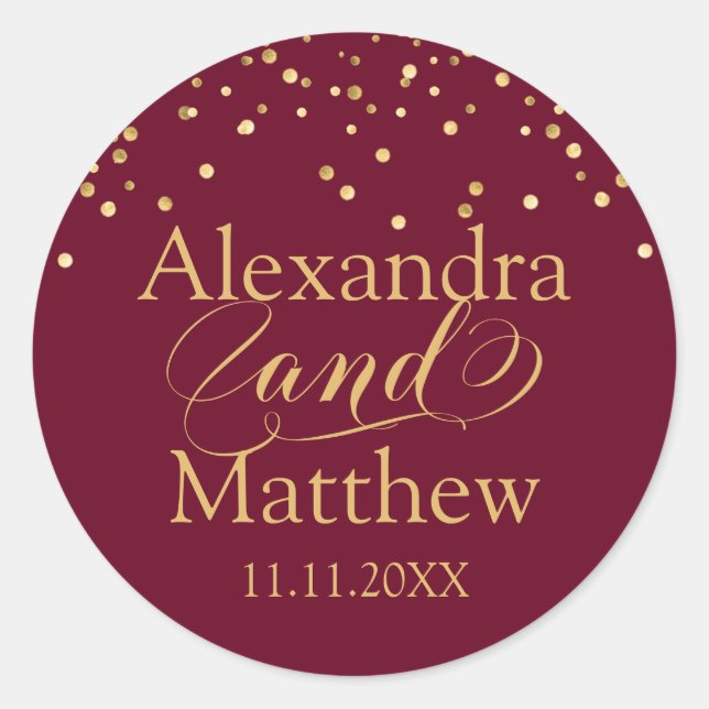 Sticker Rond Personnalisé Elégant Burgundy Gold Mariage Classic (Devant)