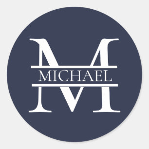 Sticker Rond Personnalisé Elegant Navy Blue Monogramme et nom