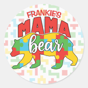 Sticker Rond Personnalisé Enfants NOM Mama Ours Sensibilisation