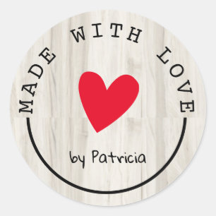 Sticker Rond Personnalisé Fabriqué Avec Amour Coeur Rouge Bois 
