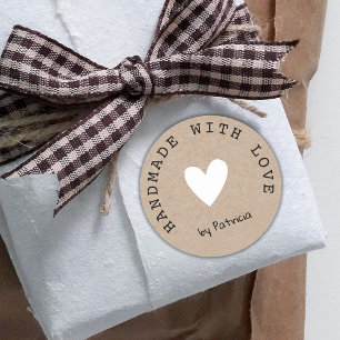 Sticker Rond Personnalisé Fait À La Main Avec Amour Coeur Blanc
