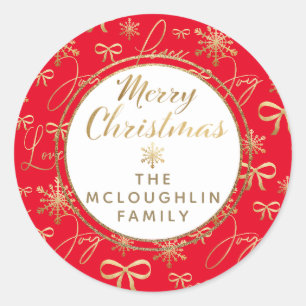 Sticker Rond Personnalisé Gold Red Joy Peace Love Snowflake Mot