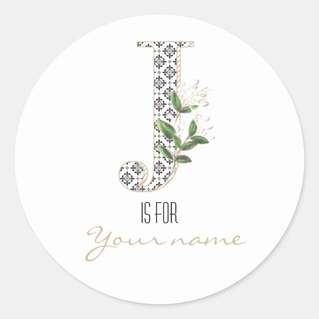 Sticker Rond Personnalisé J Nom Floral Flower Classic Lettre J  (Devant)