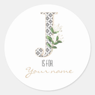 Sticker Rond Personnalisé J Nom Floral Flower Classic Lettre J 