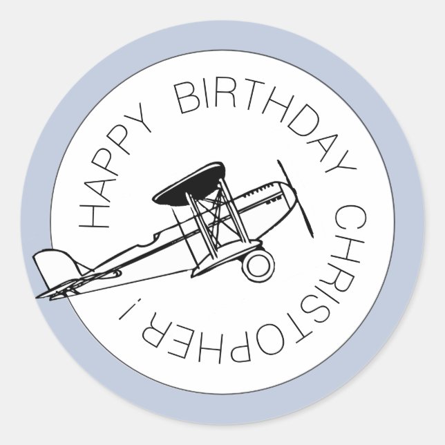 Sticker Rond Personnalisé Joyeux Anniversaire Boy Airplane Part (Devant)