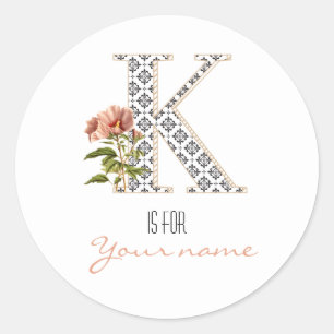 Sticker Rond Personnalisé K Nom Floral Flower Classic Lettre K 