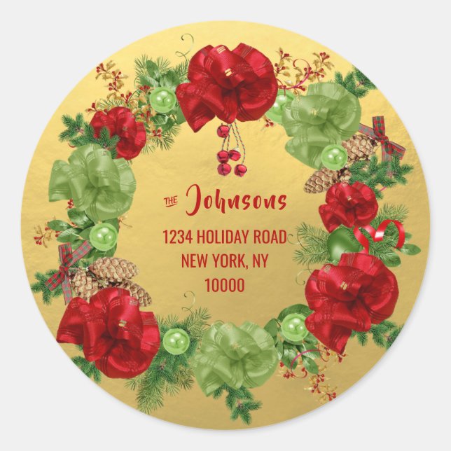 Sticker Rond Personnalisé MERRY CHRISTMAS Wreath OR Adresse de  (Devant)
