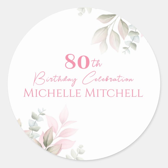 Sticker Rond Personnalisé moderne 80e anniversaire rose floral (Devant)