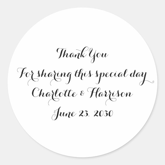 Sticker Rond Personnalisé noir blanc script Mariage cadeau fave (Devant)