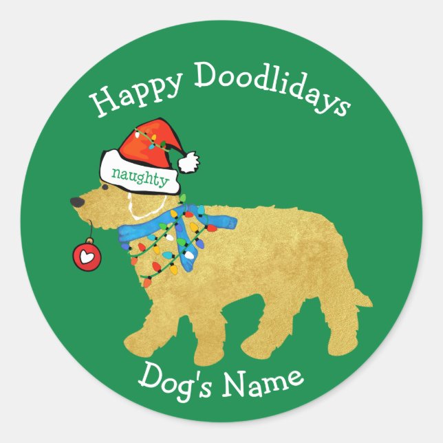 Sticker Rond Personnalisé Noisette Noël Goldendoodle (Devant)