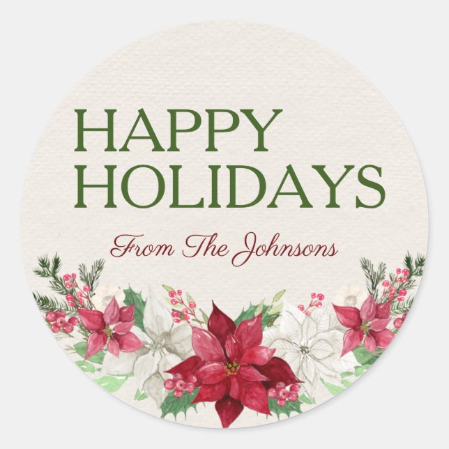Sticker Rond Personnalisé Nom Joyeux Vacances Aquarelle Poinset (Devant)