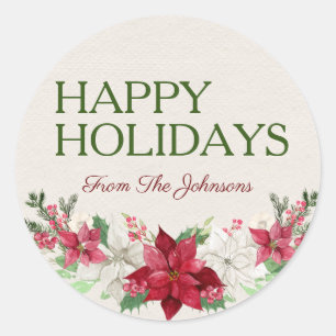 Sticker Rond Personnalisé Nom Joyeux Vacances Aquarelle Poinset