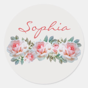 Sticker Rond Personnalisé Nom Rose Roses Fleurs blanches Fille