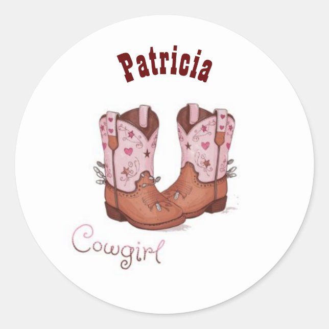 Sticker Rond Personnalisé Nom tendance Cute CowGirl Bottes rose (Devant)