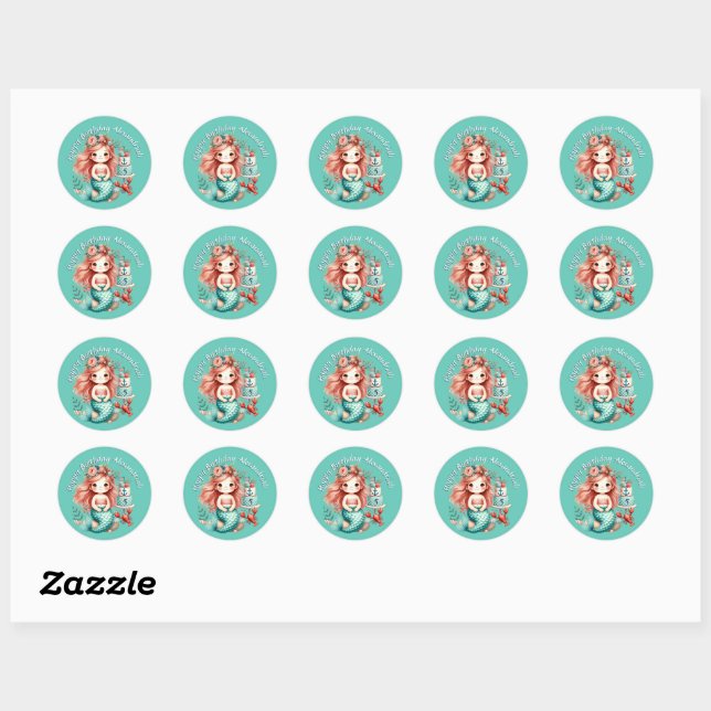 Sticker Rond Personnalisé Petites Filles Sirène fête d'annivers (Feuille)