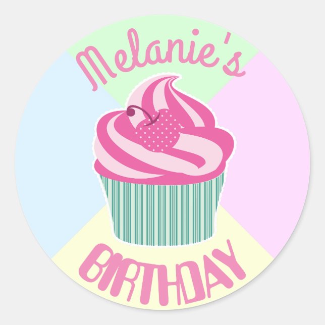 Sticker Rond Personnalisé Pink Cupcake d'anniversaire (Devant)
