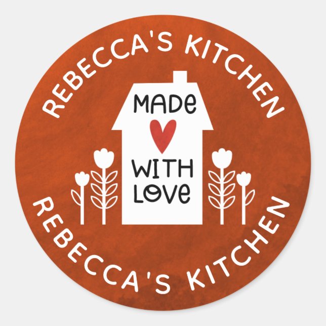 Sticker Rond Personnalisé Rouge Blanc Maison Faite Avec Amour (Devant)