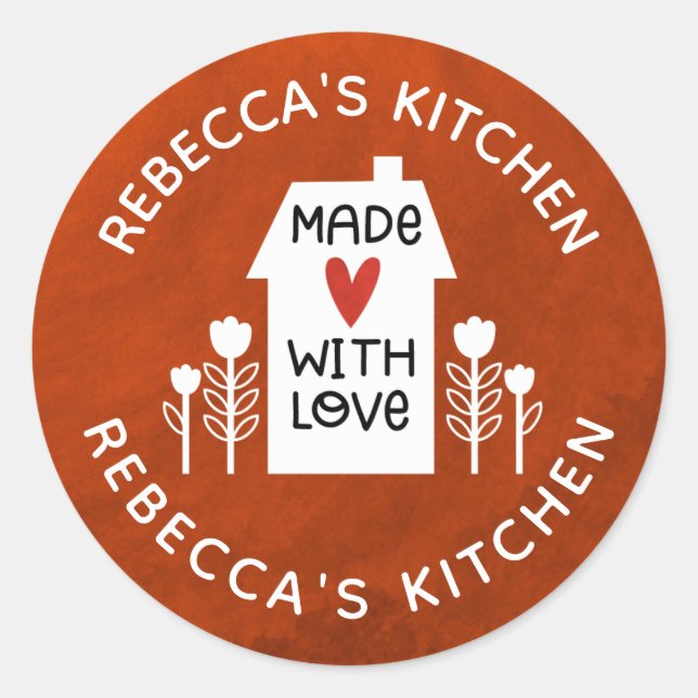 Sticker Rond Personnalisé Rouge Blanc Maison Faite Avec Amour (Devant)