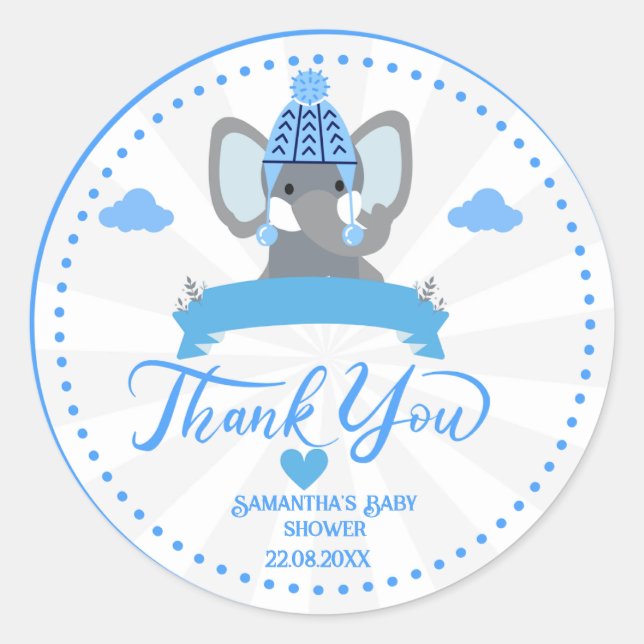 Sticker Rond Personnalisé Rustic Blue Elephant Baby shower garç (Devant)