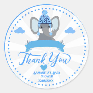 Sticker Rond Personnalisé Rustic Blue Elephant Baby shower garç