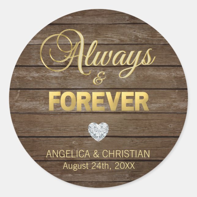 Sticker Rond Personnalisé Rustic Gold TOUJOURS & FOREVER Mariag (Devant)