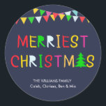 Sticker Rond Personnalisée Colorée Merriest Christmas Navy<br><div class="desc">Sticker rond de la marine de Noël coloré et personnalisé</div>