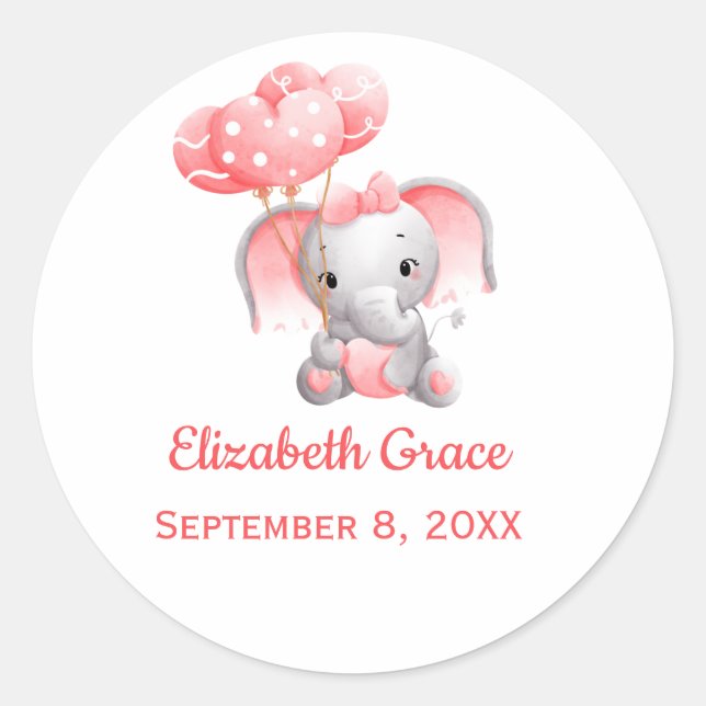 Sticker Rond Personnaliser Baby Girl rose Elephant Balloon (Devant)