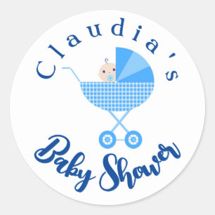 Sticker Rond Personnaliser le Baby shower de transport bleu Fav
