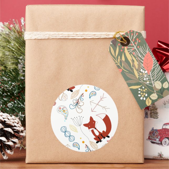 Sticker Rond Personnaliser le Motif Woodland Fox moderne (vacances)