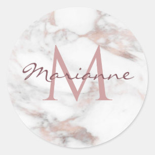 Sticker Rond Personnaliser Monogram Rose Gold Marble Moderne