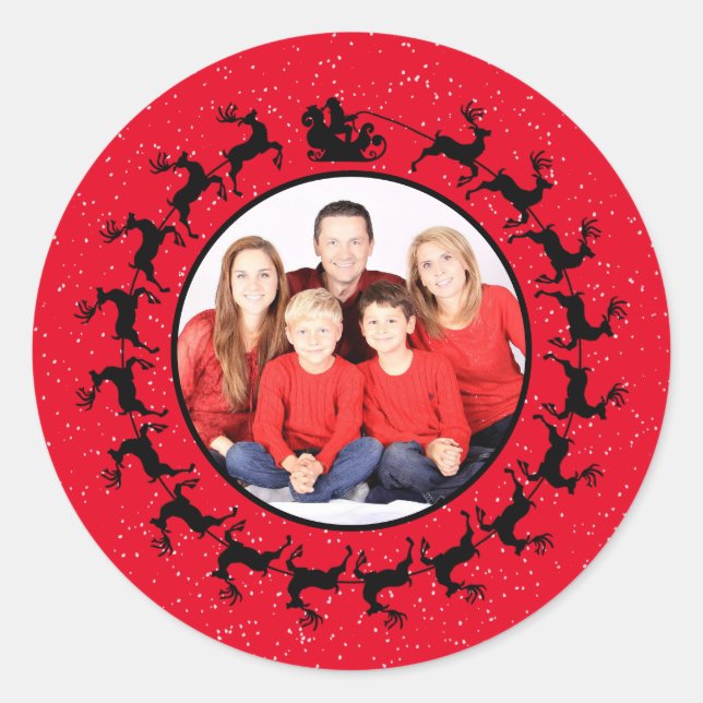 Sticker Rond Personnaliser PHOTO Père Noël Sleigh Christmas Red (Devant)