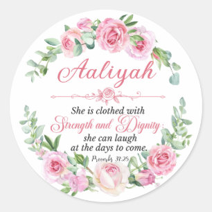 Sticker Rond Personnaliser Prov 31:25 Fête des Mères Rose Rose