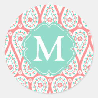 Sticker Rond Personnalized moderne Damask Coral Paisley