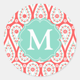Sticker Rond Personnalized moderne Damask Coral Paisley